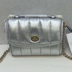 100% Authentic Coach Kip Turnlock Crossbody w/ Silver Metallic Quilting - C6730